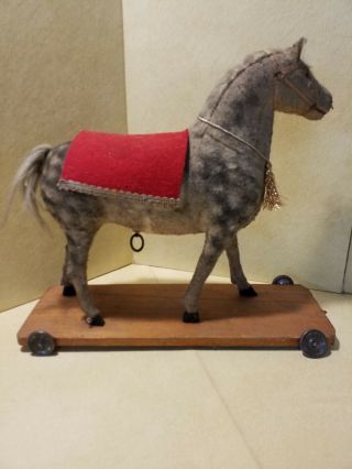 Antique Pull Toy Horse Germany Mohair/ Paper Mache On Platform " Neighs " 9 " T 12 " L