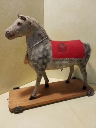 ANTIQUE PULL TOY HORSE GERMANY MOHAIR/ PAPER MACHE ON PLATFORM 