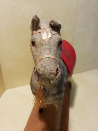 ANTIQUE PULL TOY HORSE GERMANY MOHAIR/ PAPER MACHE ON PLATFORM 