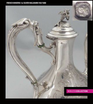 ELEGANT ANTIQUE 1880s FRENCH ALL STERLING SILVER COFFEE/TEA POT Rococo st. 5