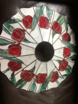 Vintage " Tiffany Style Coral Tulips Slag Stained Glass Huge 24” Shade Rare