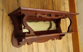 Antique Victorian Carved Oak 2 Tier Wall Clock Shelf W/ Mirror