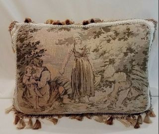 Pillow Antique Tapestry Belgian Peasant Women Child,  Gray Tan Pink,  Custom Made
