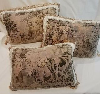 Pillow Antique Tapestry Belgian Peasant Women Child,  Gray Tan Pink,  custom made 9