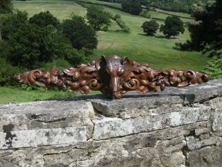 MAGNIFICENT 19thc BLACK FOREST OAK CARVED PEDIMENT WITH FOX HEAD TO CENTRE 3