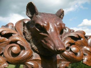 MAGNIFICENT 19thc BLACK FOREST OAK CARVED PEDIMENT WITH FOX HEAD TO CENTRE 9
