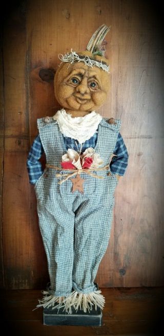 ☆Primitive Folk Art Halloween Fall Farmer Pumpkin Overalls Pig OOAK Signed Doll☆ 10