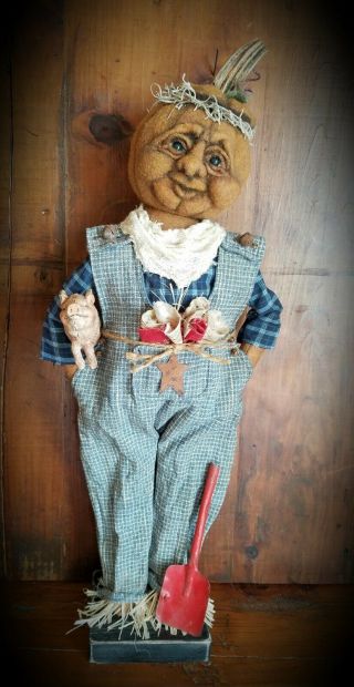 ☆Primitive Folk Art Halloween Fall Farmer Pumpkin Overalls Pig OOAK Signed Doll☆ 11