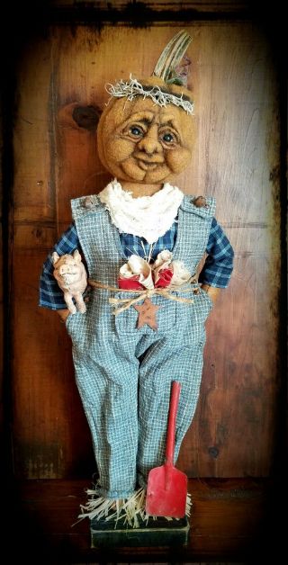 ☆Primitive Folk Art Halloween Fall Farmer Pumpkin Overalls Pig OOAK Signed Doll☆ 12