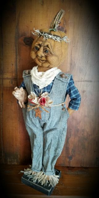 ☆Primitive Folk Art Halloween Fall Farmer Pumpkin Overalls Pig OOAK Signed Doll☆ 5