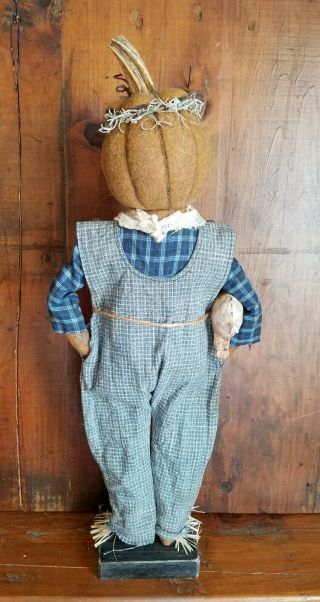 ☆Primitive Folk Art Halloween Fall Farmer Pumpkin Overalls Pig OOAK Signed Doll☆ 6