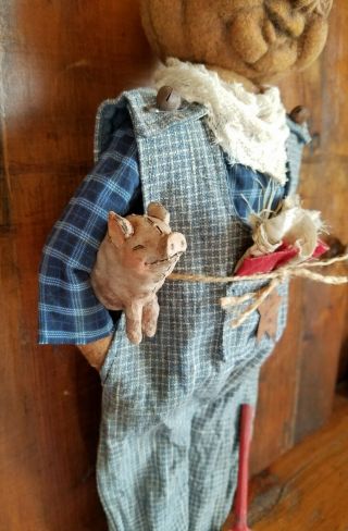 ☆Primitive Folk Art Halloween Fall Farmer Pumpkin Overalls Pig OOAK Signed Doll☆ 8