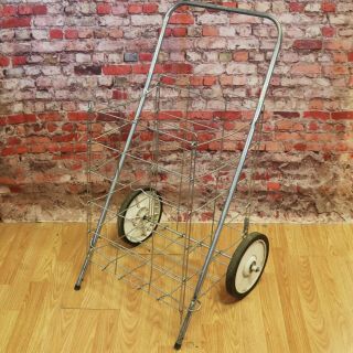 Vintage Folding Metal Shopping Cart W/ Two Wheels - Laundry/ Market Buggy