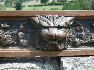 19thc LONG GOTHIC OAK PANEL WITH LION HEAD CARVED CENTRALLY 2