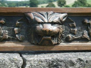 19thc LONG GOTHIC OAK PANEL WITH LION HEAD CARVED CENTRALLY 8