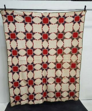 Antique 1870 ' s Handmade Hand Stitched Red White Feathered Star Quilt - 75 