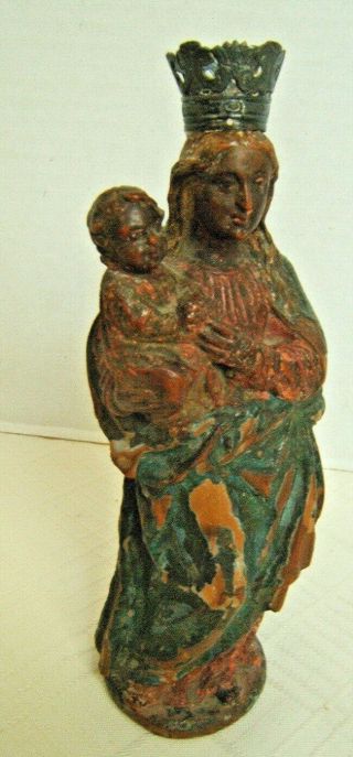 18th Century Or Earlier Carved Wood Madonna & Child Silver Crown Painted