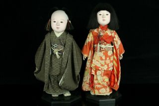 Jul096 Japanese Antique Edo Ichimatsu Doll Ningyo Girl&boy Gofun Kimono