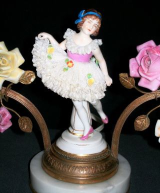 ANTIQUE GERMAN ART DECO DRESDEN LACE GIRL DOLL ORMOLU PORCELAIN LAMP FIGURINE 2