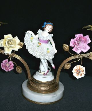 ANTIQUE GERMAN ART DECO DRESDEN LACE GIRL DOLL ORMOLU PORCELAIN LAMP FIGURINE 3