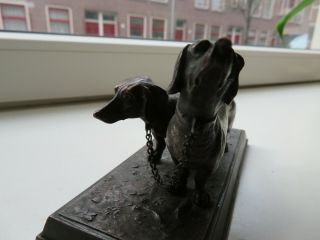 Exquisite Antique French Copper Bronze Pair Dachshunds Figurine 8