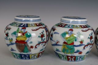 Chinese Pair Clash Color Porcelain Four Kings Characters Tea Caddies 2