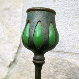 TALL Antique TIFFANY STUDIOS Candlestick BRONZE Green Glass NOUVEAU Arrts Crafts 2