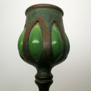 TALL Antique TIFFANY STUDIOS Candlestick BRONZE Green Glass NOUVEAU Arrts Crafts 4