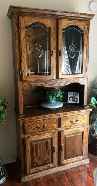 Vintage Small Solid Oak Hutch China Cabinet Glass Doors Drawers 78x38x17 