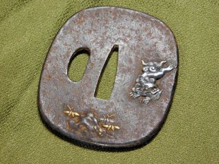 FINE Inlay SHISHI Foo dog TSUBA 18 - 19thC Japanese Antique Edo Koshirae 2