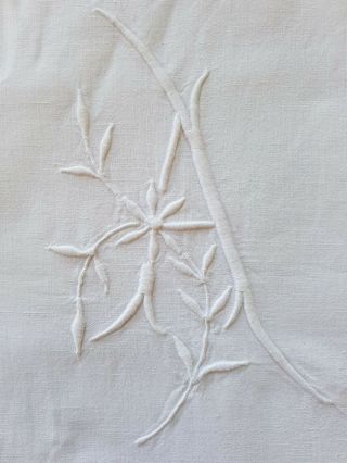 Antique French PURE LINEN sheet hand embroidered monogrammed HUGE Monogram CA AC 2