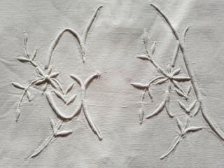 Antique French PURE LINEN sheet hand embroidered monogrammed HUGE Monogram CA AC 5