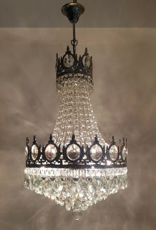 Antique Vintage French Basket Style Brass & Crystals LARGE Chandelier Lighting 3