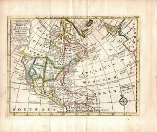 North America.  Hand Coloured Map Dated 1747.  Emanuel Bowen.