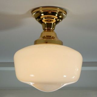Semi - Flush Schoolhouse Light.  Vintage Opal Shade.  Custom Solid Brass Fixture