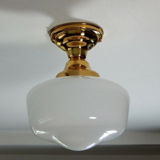 Semi - Flush Schoolhouse Light.  Vintage Opal Shade.  Custom Solid Brass Fixture 2