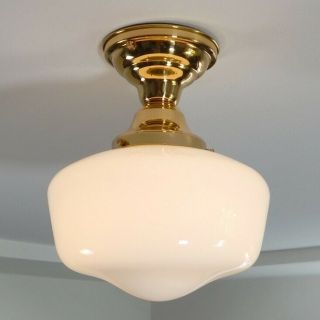 Semi - Flush Schoolhouse Light.  Vintage Opal Shade.  Custom Solid Brass Fixture 3