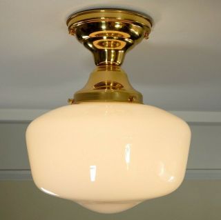 Semi - Flush Schoolhouse Light.  Vintage Opal Shade.  Custom Solid Brass Fixture 5