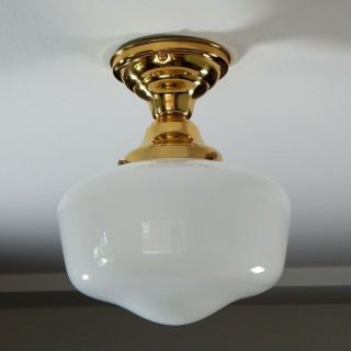 Semi - Flush Schoolhouse Light.  Vintage Opal Shade.  Custom Solid Brass Fixture 6