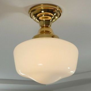 Semi - Flush Schoolhouse Light.  Vintage Opal Shade.  Custom Solid Brass Fixture 7