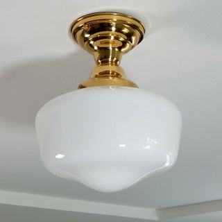 Semi - Flush Schoolhouse Light.  Vintage Opal Shade.  Custom Solid Brass Fixture 8
