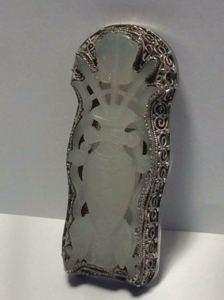 Antique Chinese White Jade & Filigree Silver Vase Brooch With Koi Carp