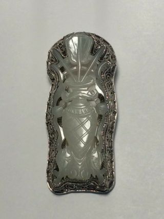 Antique Chinese White Jade & Filigree Silver Vase Brooch with Koi Carp 2