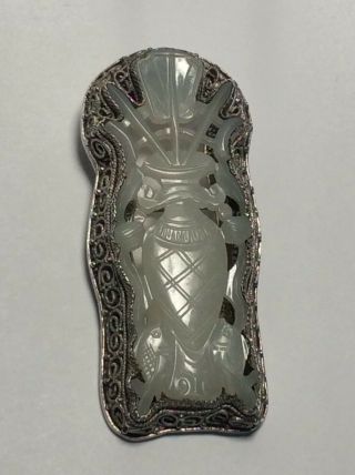 Antique Chinese White Jade & Filigree Silver Vase Brooch with Koi Carp 3