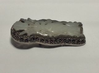 Antique Chinese White Jade & Filigree Silver Vase Brooch with Koi Carp 4