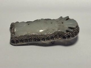 Antique Chinese White Jade & Filigree Silver Vase Brooch with Koi Carp 5