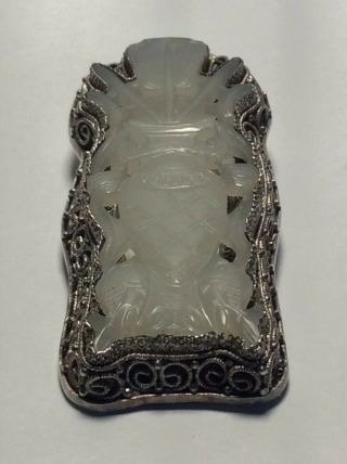 Antique Chinese White Jade & Filigree Silver Vase Brooch with Koi Carp 8