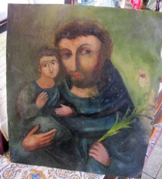 Antique Retablo On Tin With Image Of Saint Anthony With Baby Jesus