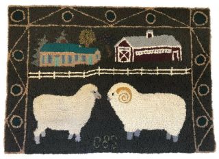 Signed Vintage American Folk Art Pictorial Sheep Hooked Rug Cleland Selby 1990