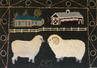 Signed Vintage American Folk Art Pictorial Sheep Hooked Rug Cleland Selby 1990 2